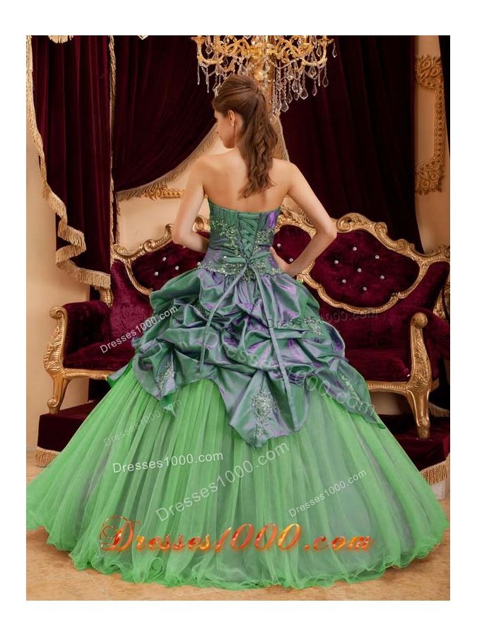 Perfect Green Puffy Strapless with Pick-ups and Beading for 2014 Quinceanera Dress