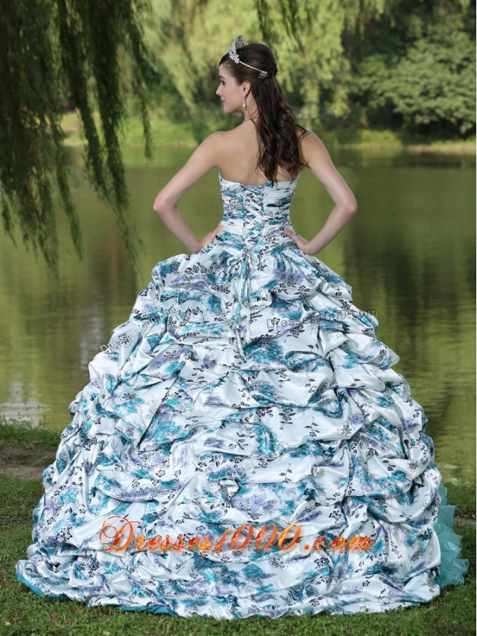 Printing and Organza Beaded and Pick-ups Quinceanera Dresses with Brush Train