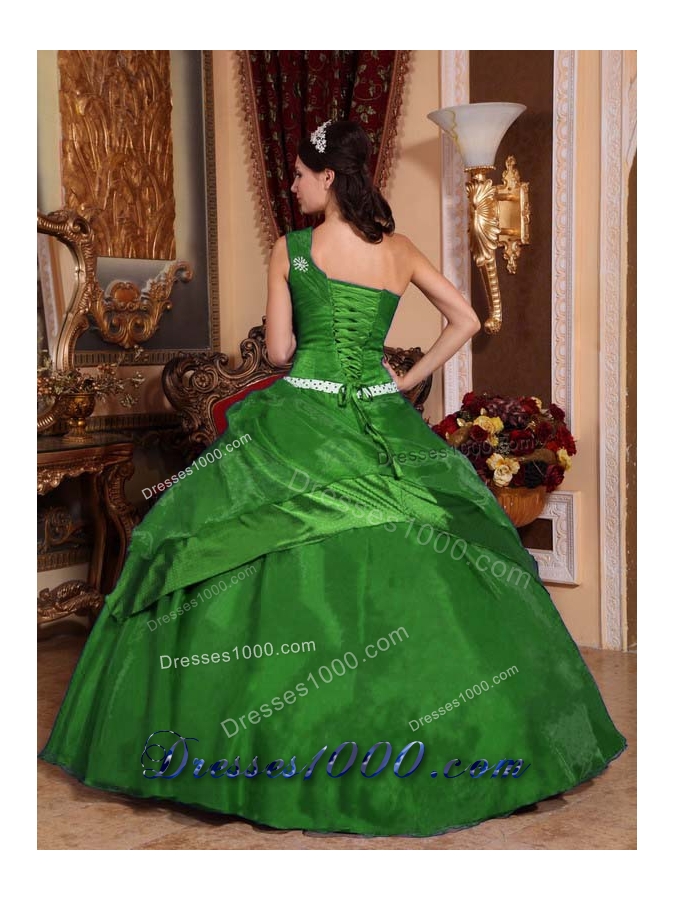 2014 Classical Puffy One Shoulder Green Quinceanera Dress with Hand Made Flower and Beading