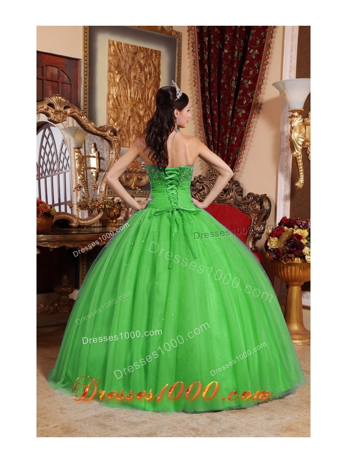 2014 Green Puffy Strapless Embroidery and Beading Quinceanera Dress