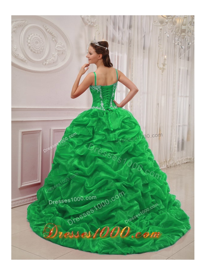 2014 New Style Green Puffy Spaghetti Straps Court Train Quinceanera Dress with Pick-ups and Beading
