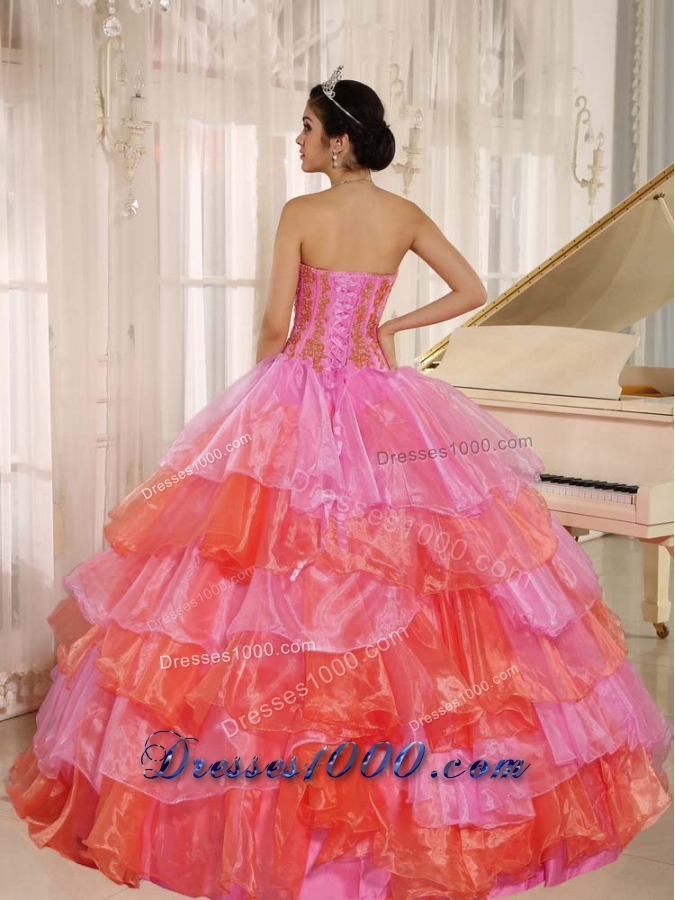 2014 Pretty Strapless Ruflfled Layers and Appliques Quinceanera Dresses
