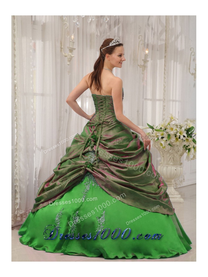 2014 Puffy Strapless Appliques with Pick-ups Decorate for Pretty Green Quinceanera Dress