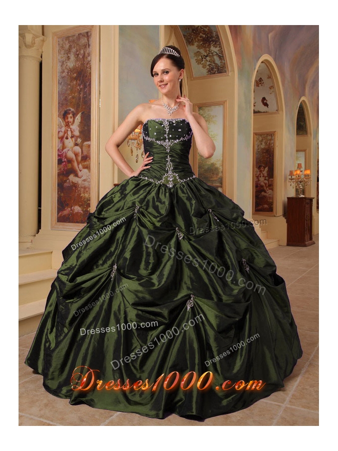 2014 Puffy Strapless with Pick-ups and Beading for Olive Green Quinceanera Dress