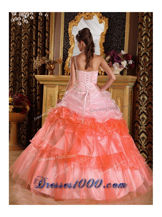 2014 Romantic One Shoulder Puffy Appliques with Beading Quinceanera Dresses