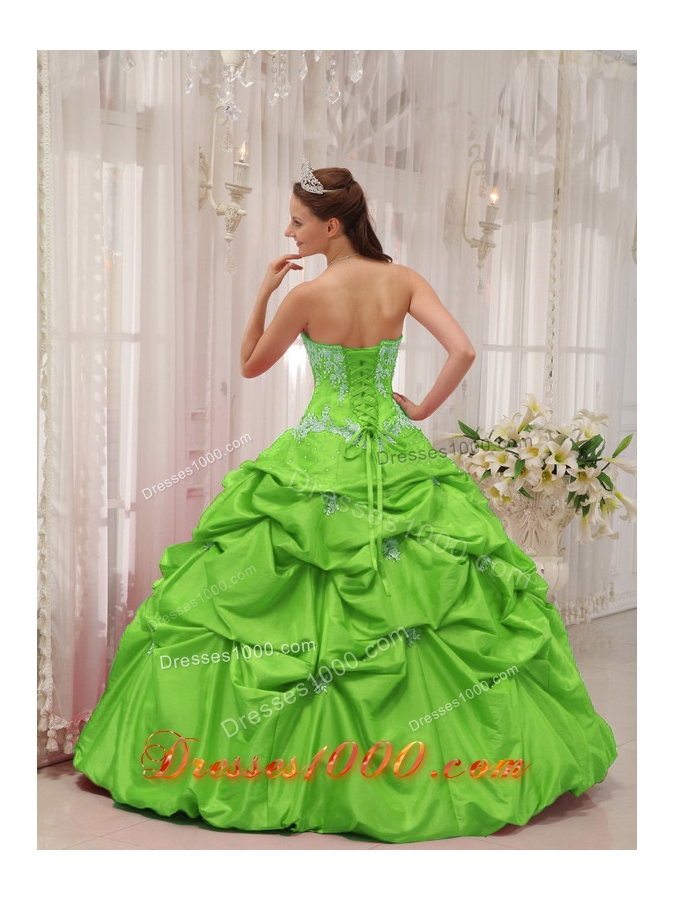 2014 Spring Green Puffy Sweetheart Appliques Quinceanera Dress with Pick-ups