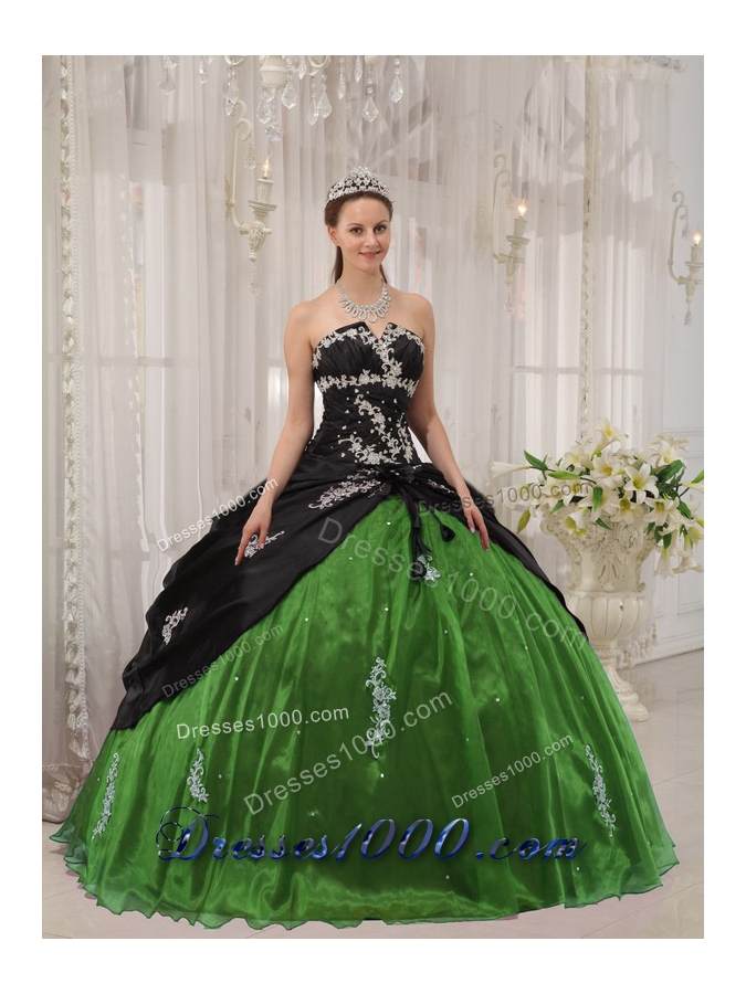 Ball Gown Strapless for 2014 Green and Black Apppliques Quinceanera Dress