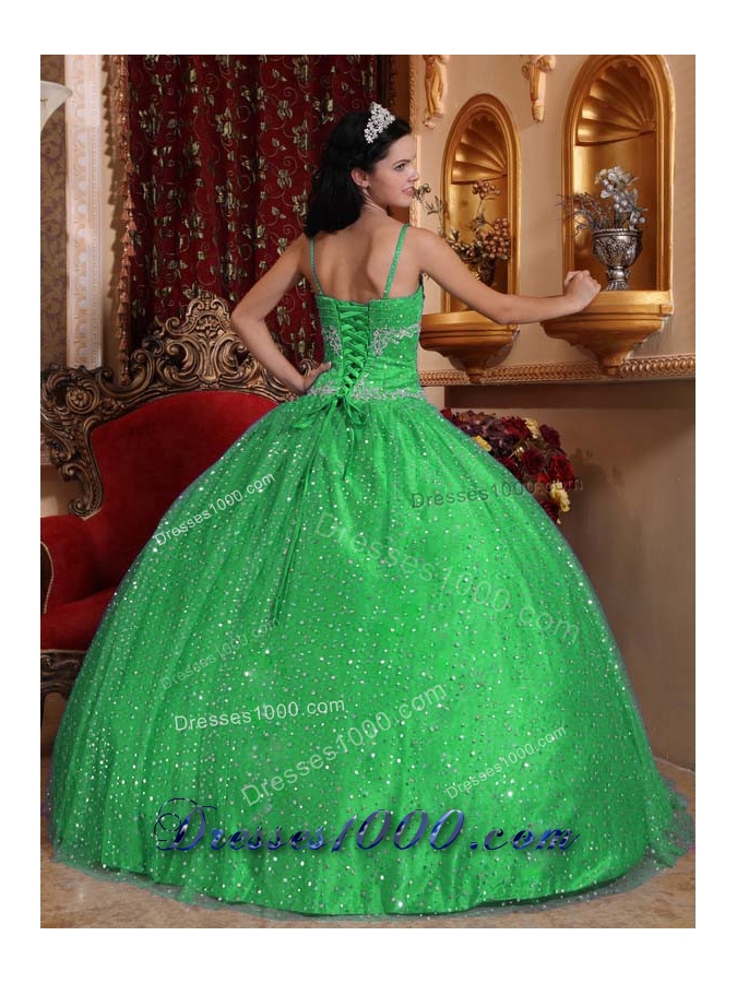 Classical Green Puffy Spaghetti Straps with Sequined Beading Quinceanera Dress for 2014