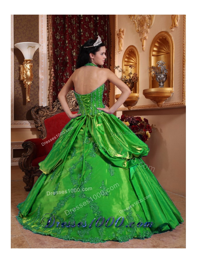 Exquisite Green Puffy Halter Appliques for 2014 Quinceanera Dress with Pick-ups