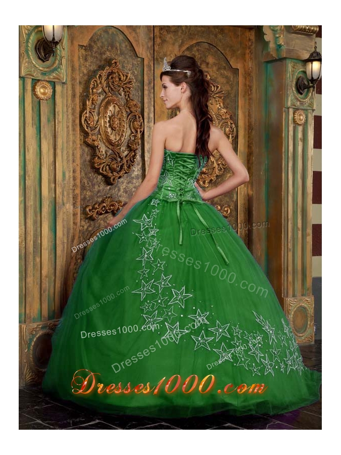 Exquisite Green Puffy Sweetheart with Beading and Appliques Tulle for 2014 Quinceanera Dress
