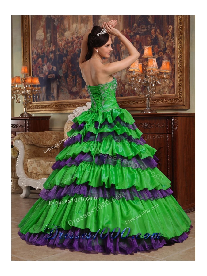 Green Puffy Sweetheart with Layers and Beading Decorate for 2014 Quinceanera Dress