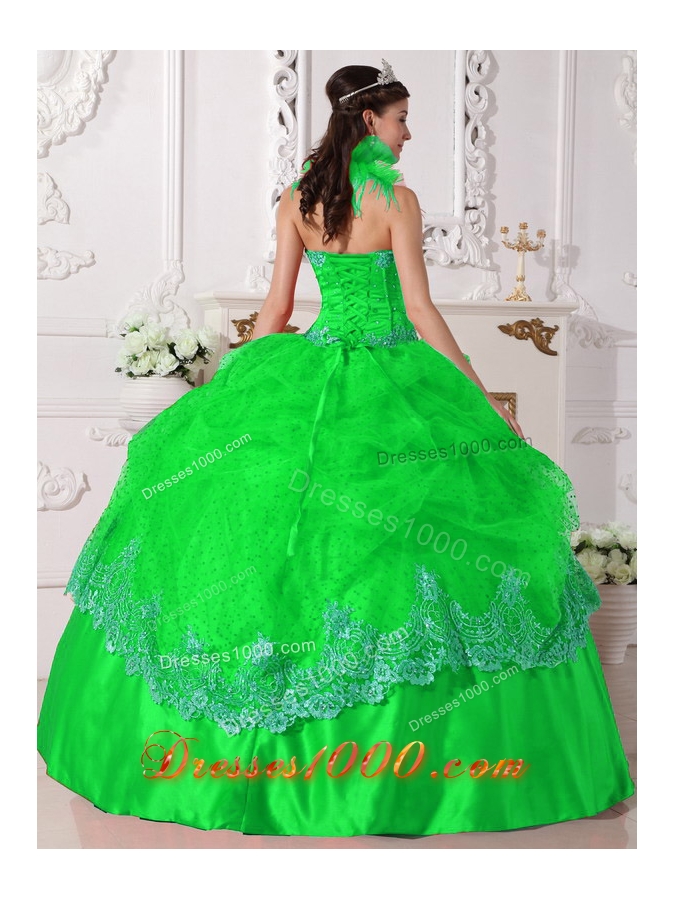 Luxurious Puffy Halter for 2014 Beading and Appliques for Spring Green Quinceanera Dress