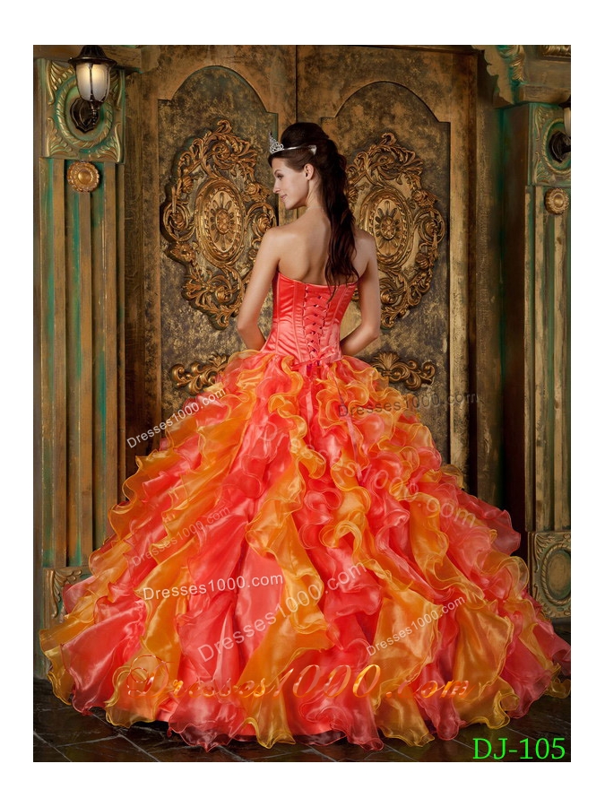 New Style Orange Red Puffy Strapless Ruffles Quinceanera Dresses for 2014