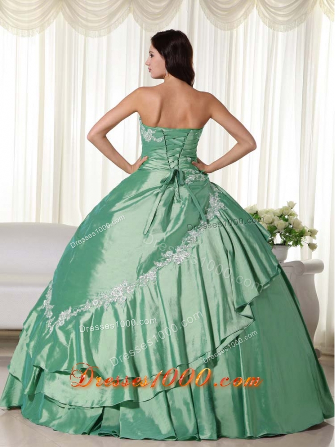 New Style Puffy Strapless Appliques for Green Quinceanera Dress for 2014