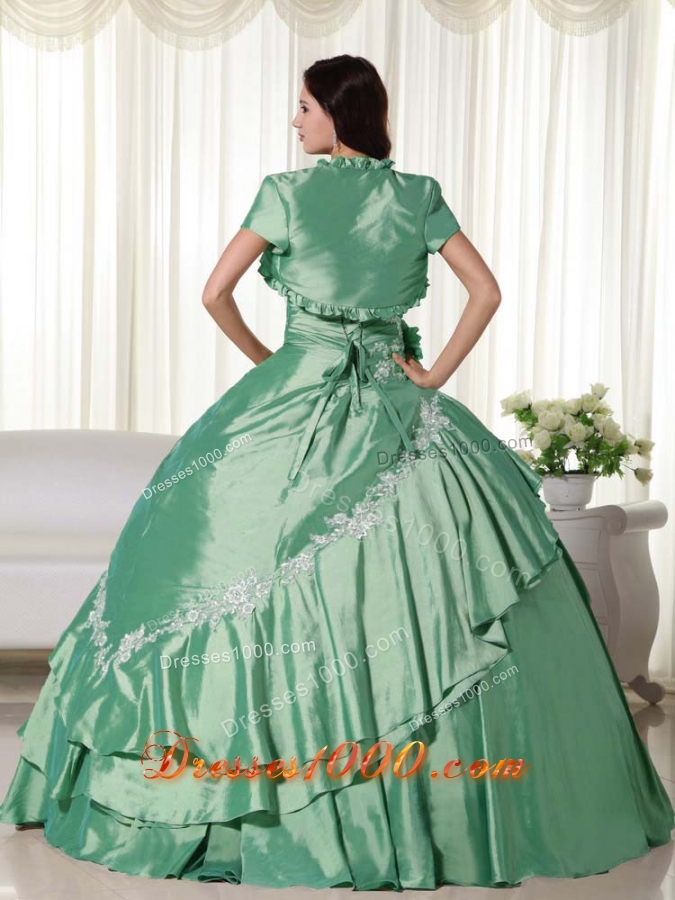 New Style Puffy Strapless Appliques for Green Quinceanera Dress for 2014