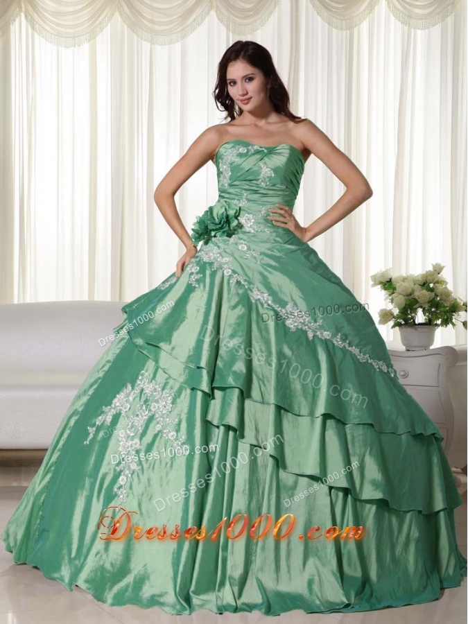New Style Puffy Strapless Appliques for Green Quinceanera Dress for 2014