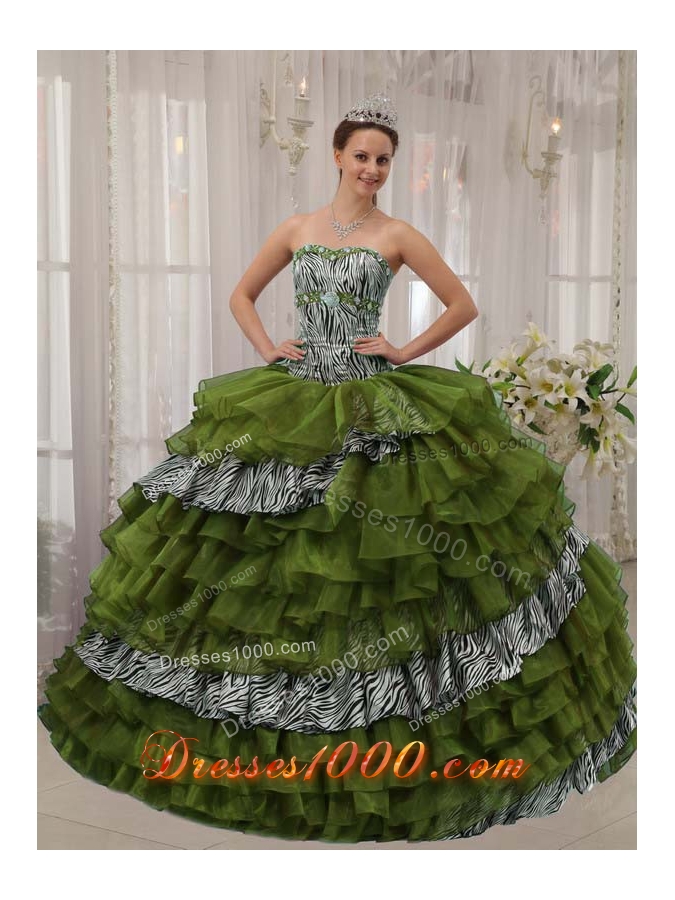 Olive Puffy Sweetheart with Layers and Beading for 2014 Quinceanera Dress