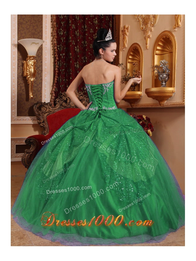 Petty Green Puffy Sweetheart with Beading and Appliques for 2014 Quinceanera Dress