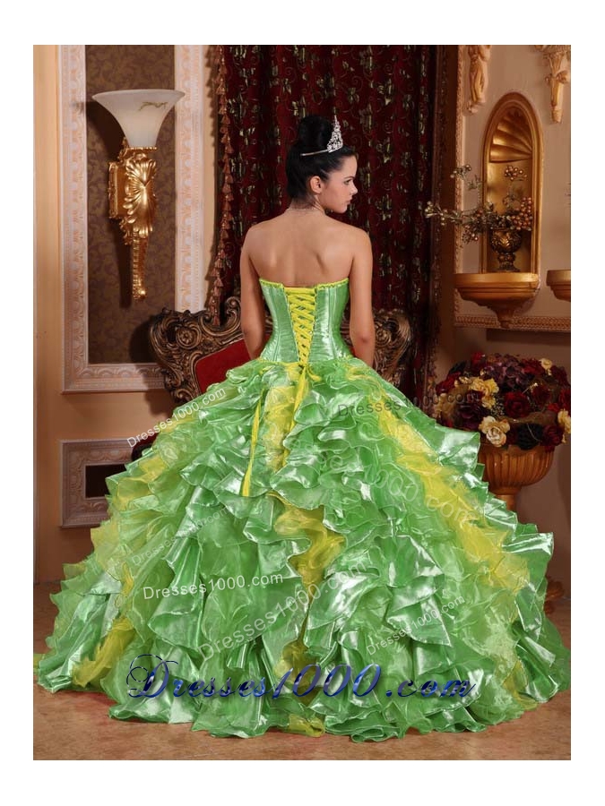 Popular Green Puffy Strapless for 2014 Embroidery Quinceanera Dress with Ruffles