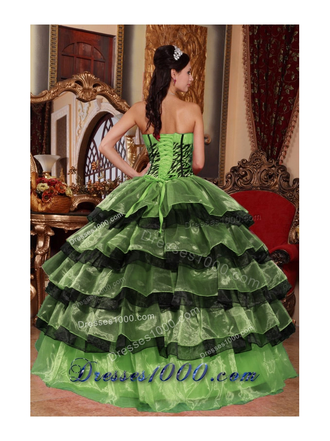Puffy Sweetheart Decorate for 2014 Green and Black Quinceanera Dress with Layers