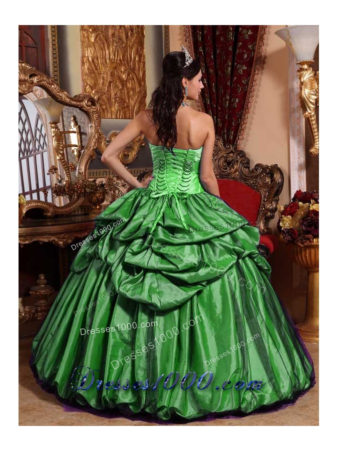 Romantic Green Puffy Strapless for 2014 Quinceanera Dress with Pick-ups and Flowers