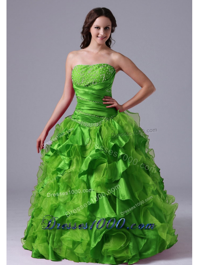 The Super Hot Puffy Green Ruffles and Beading Decorate Bust Quinceanera Dress