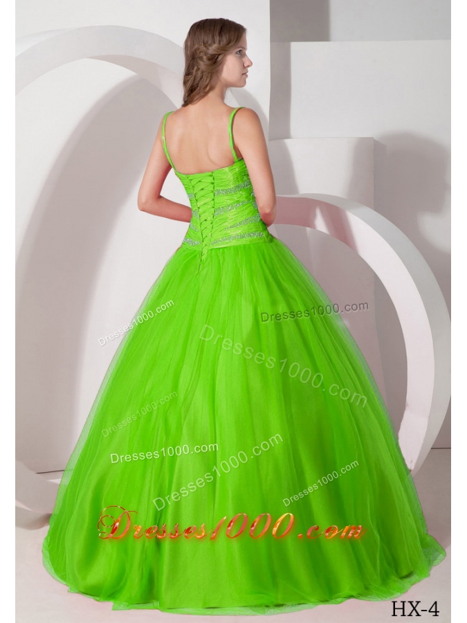 2014 Cute Puffy Spaghetti Straps with Beading for Green Quinceanera Dress