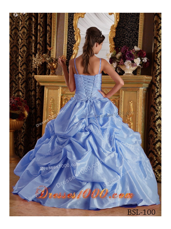 2014 Elegant Puffy Straps Beading and Appliques Quinceanera Dresses