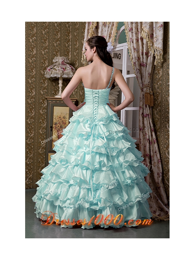 2014 Light Blue Princess One Shoulder Beading Quinceanea Dresses with Ruffled Layers