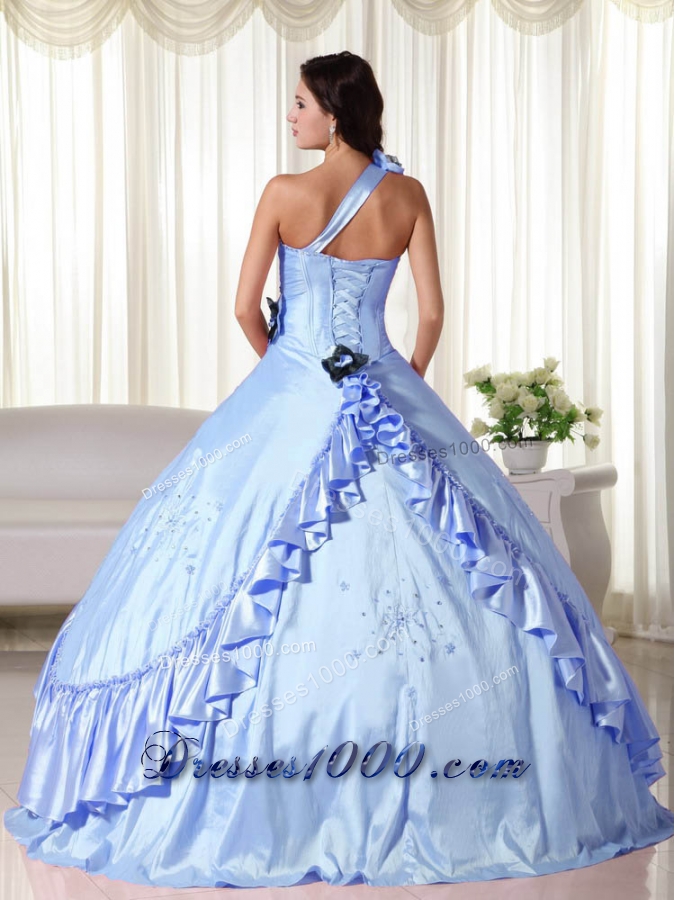 2014 Light Blue Puffy One Shoulder Beading Quinceanera Dresses