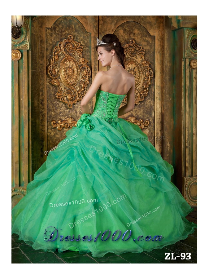 2014 New Style Green Puffy Strapless Beading Quinceanera Dress with Hand Made Flower