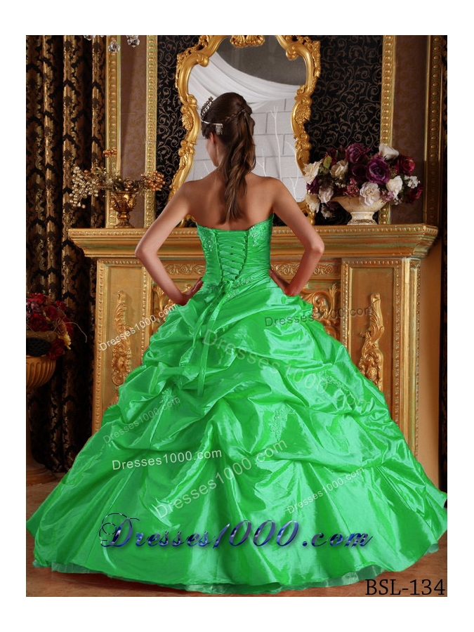 2014 Pretty Green Puffy Sweetheart with Appliques Taffeta Quinceanera Dress