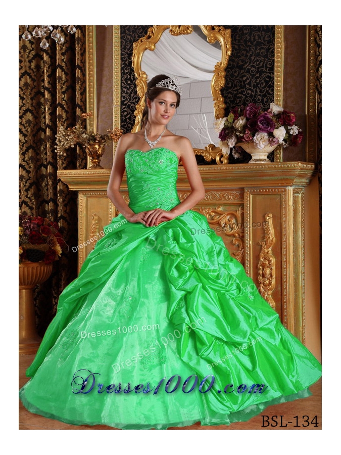 2014 Pretty Green Puffy Sweetheart with Appliques Taffeta Quinceanera Dress