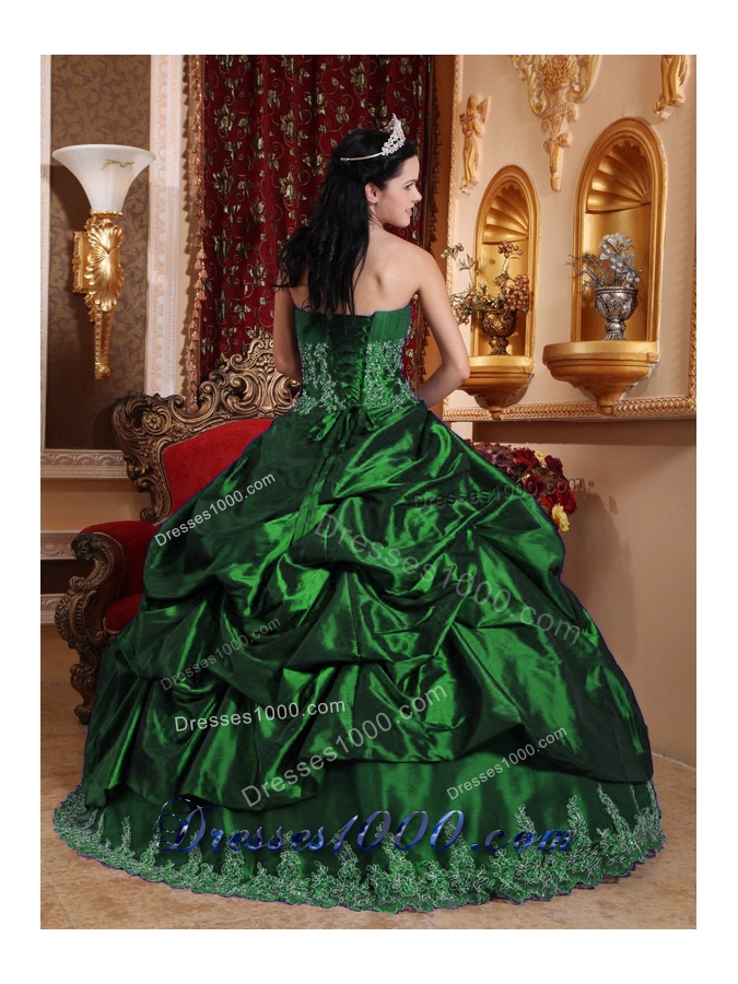 2014 Pretty Hunter Green Puffy Sweetheart Appliques Quinceanera Dress with Pick-ups