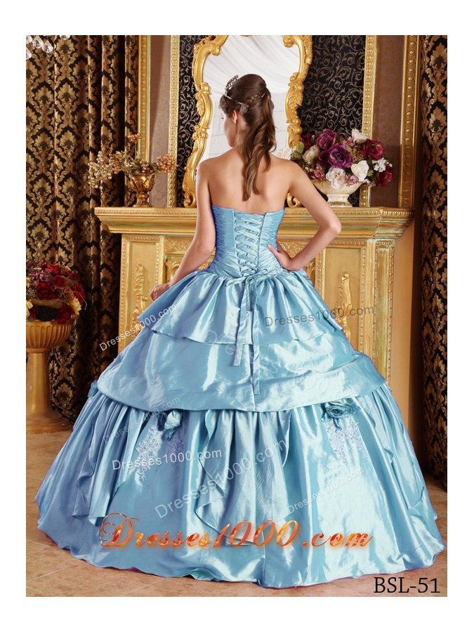 2014 Pretty Light Blue Puffy Strapless Beading Quinceanera Dresses with Appliques