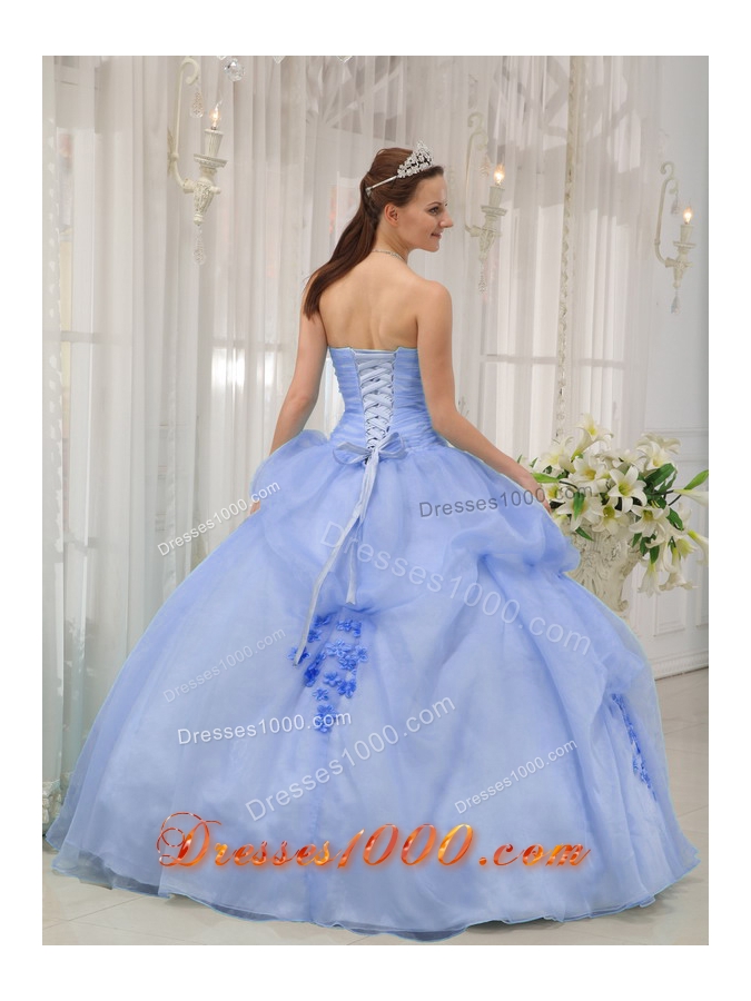 2014 Pretty Light Blue Puffy Sweetheart Appliques Quinceanera Dresses