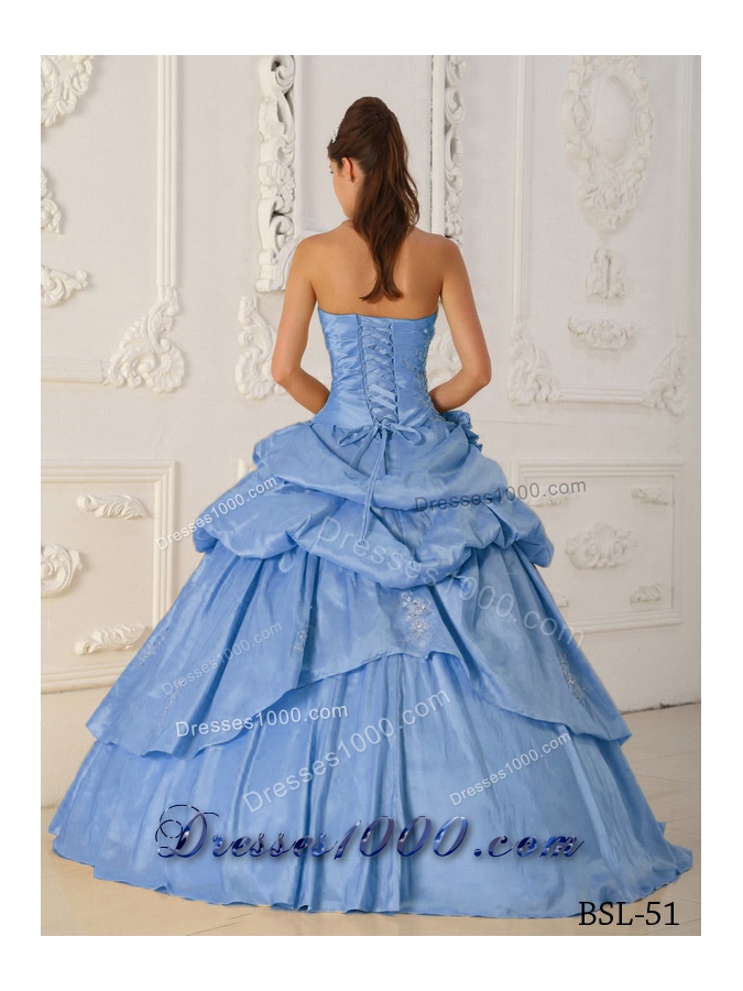 2014 Princess Appliques Strapless Beading Quinceanera Dresses with Hand Made Flower