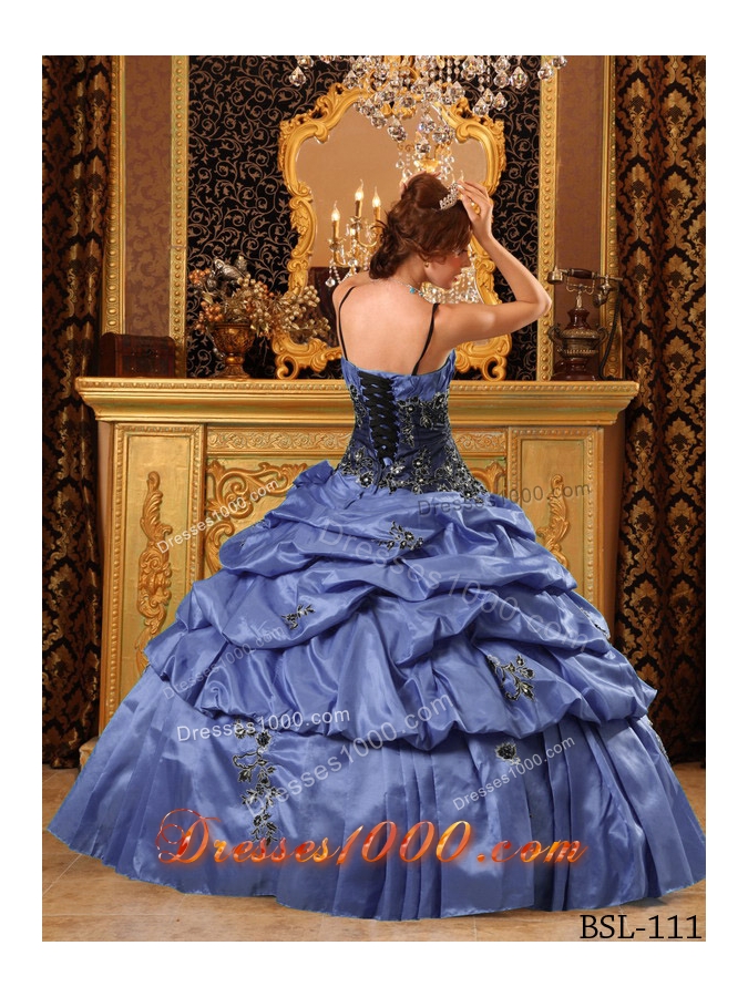 2014 Romantic Puffy Straps Appliques Quinceanera Dresses with Pick-ups