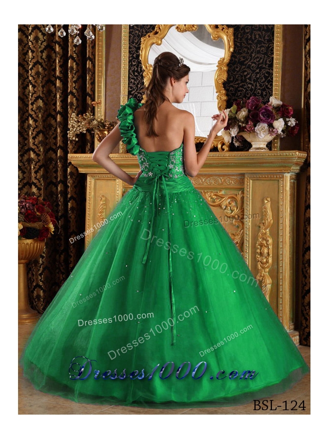 Brand New Green Princess One Shoulder with Beading Quinceanera Dress for 2014