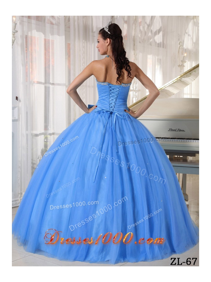Classical Blue Puffy Sweetheart Beading and Bowknot Sweet 16 Dresses for 2014