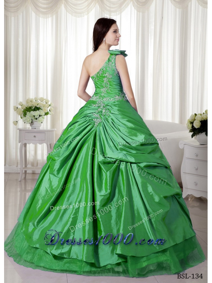 Elegant Puffy One Shoulder with Pick-ups and Appliques for 2014 Quinceanera Dress