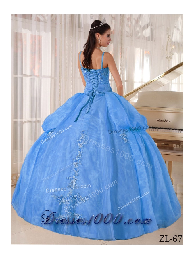 Gorgeous Blue Puffy Spaghetti Straps Appliques Quinceanera Dress for 2014
