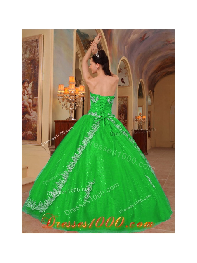Green Puffy Sweetheart with Embroidery and Beading Quinceanera Dress for 2014