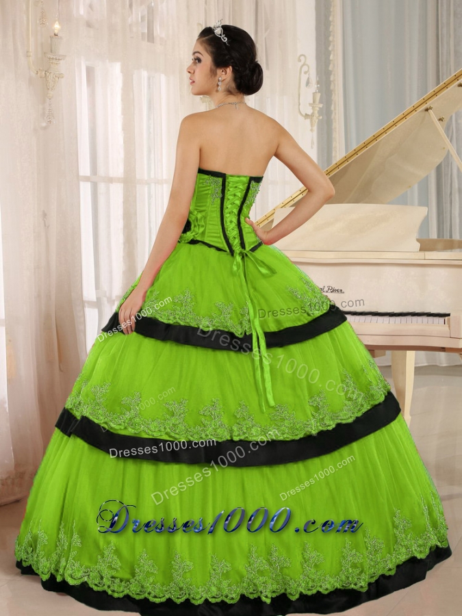 Lace Custom Made For 2014 Spring Green and Black Quinceanera Dress with Ruffled Layers