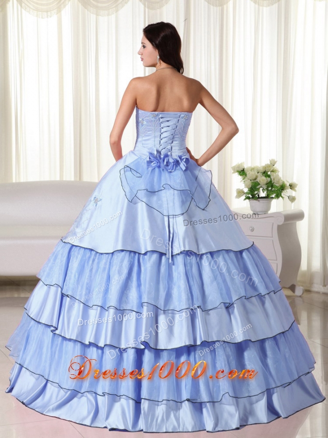 Light Blue Puffy Strapless with Ruffled Layers and Hand Made Flower2014 Quinceanera Dresses