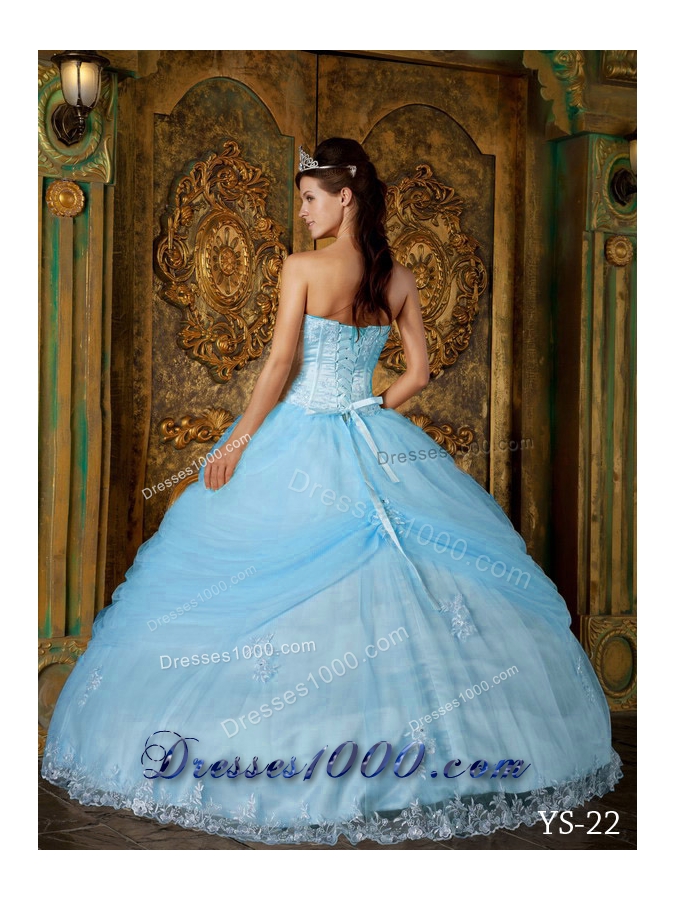 Modest Puffy Strapless Appliques 2014 Spring Quinceanera Dresses