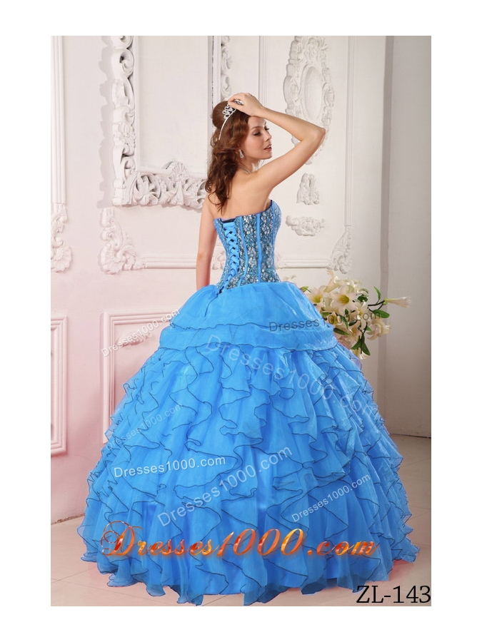 Popular Aqua Blue Puffy Sweetheart Ruffles and Beading Quinceanera Dresses for 2014