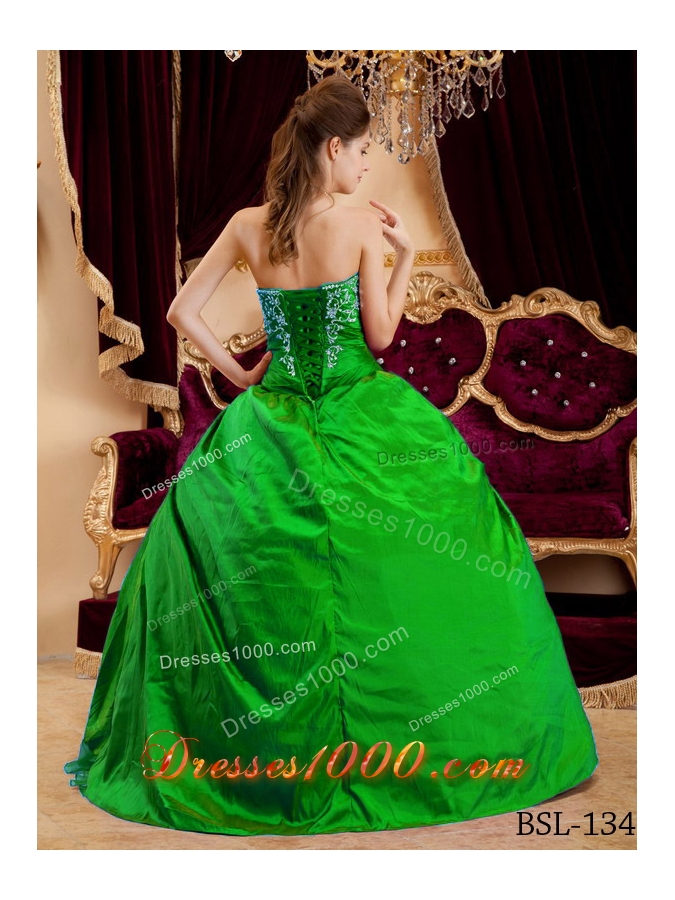 Romantic Green Puffy Sweetheart for 2014 Appliques Quinceanera Dress with Beading