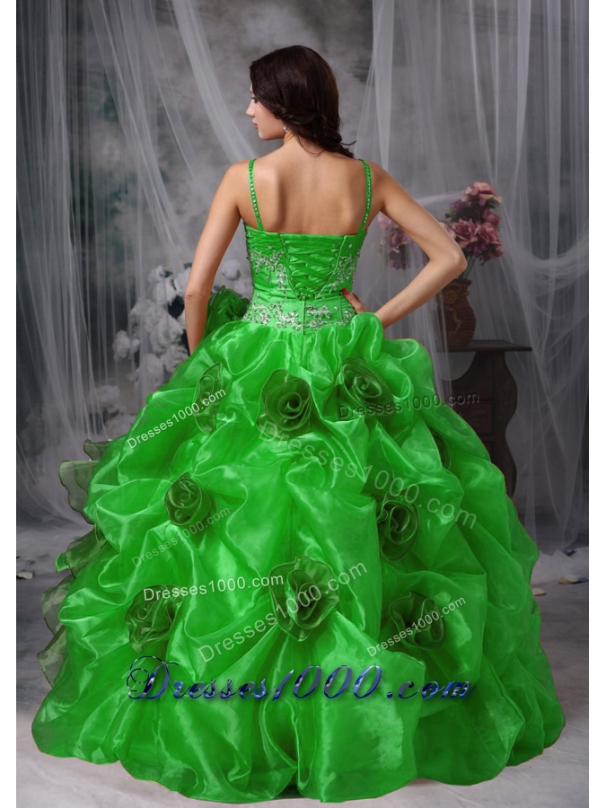 Sweet Green Puffy Straps Beading for 2014 Quinceanera Dress with Ruffles