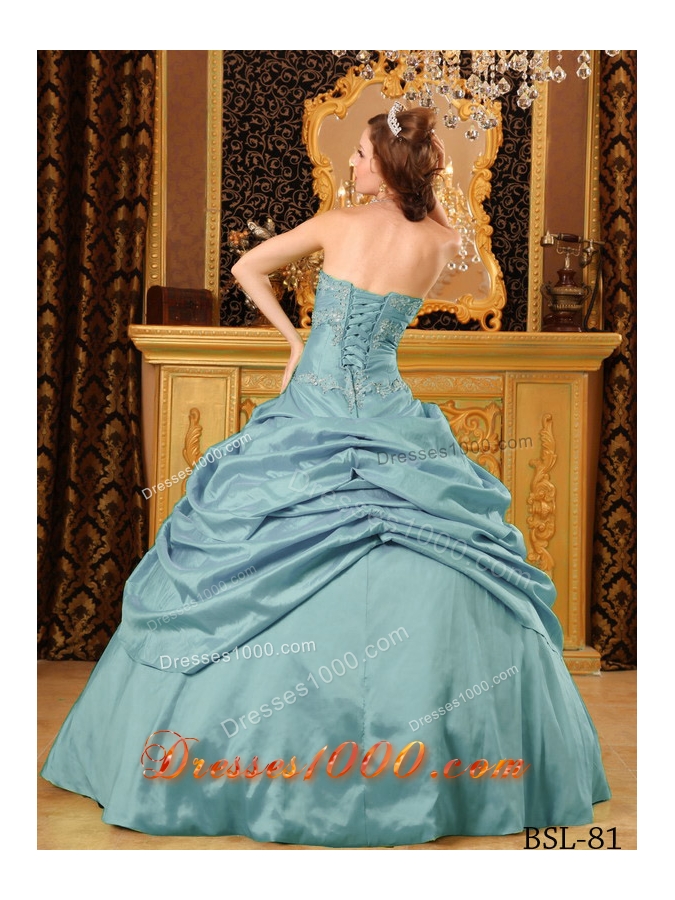 Vintage Blue Puffy Strapless Beading Quinceanera Dresses With Pick-ups